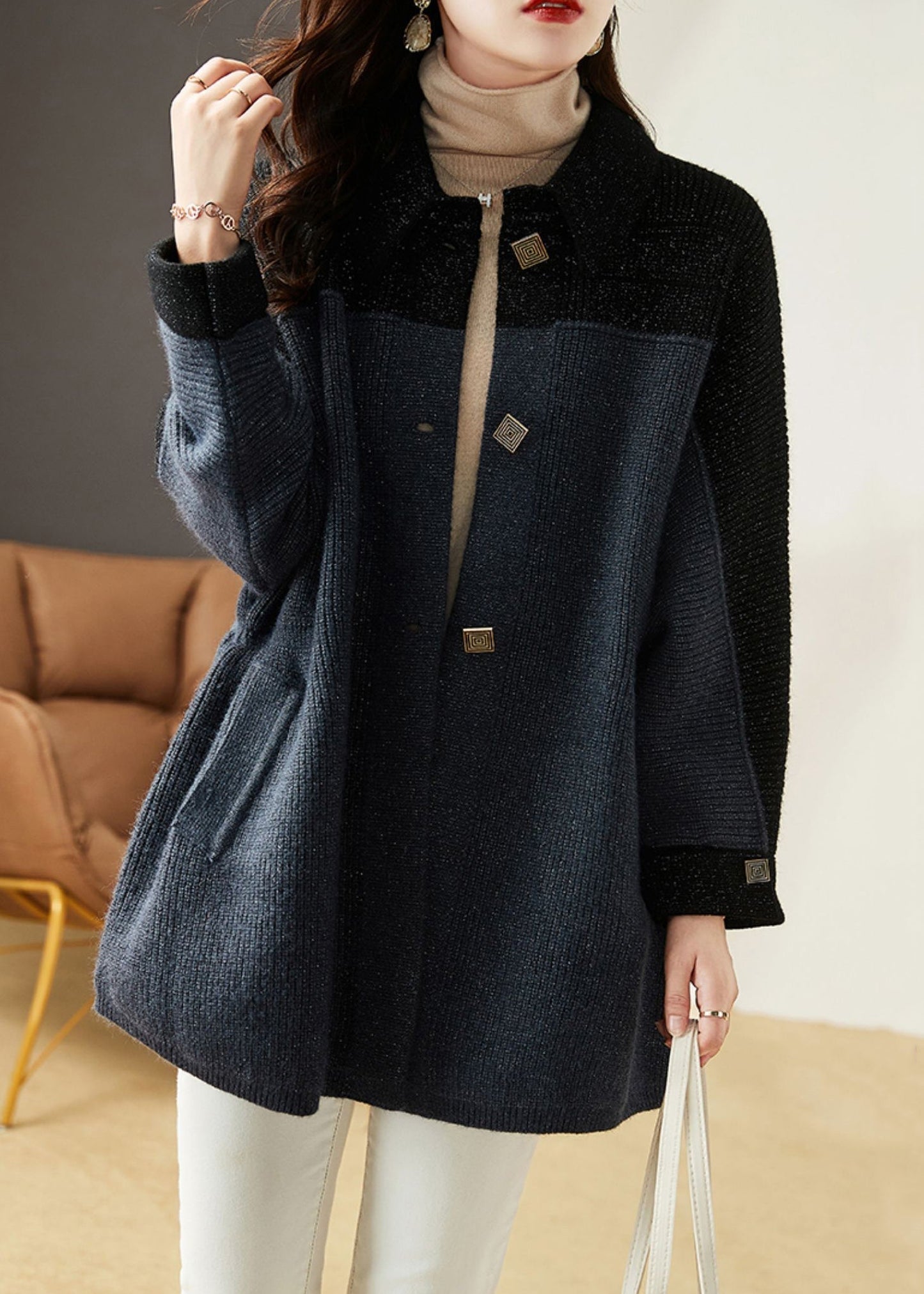 WW | Gray Blue Button Pockets Patchwork Knit Coats Long Sleeves