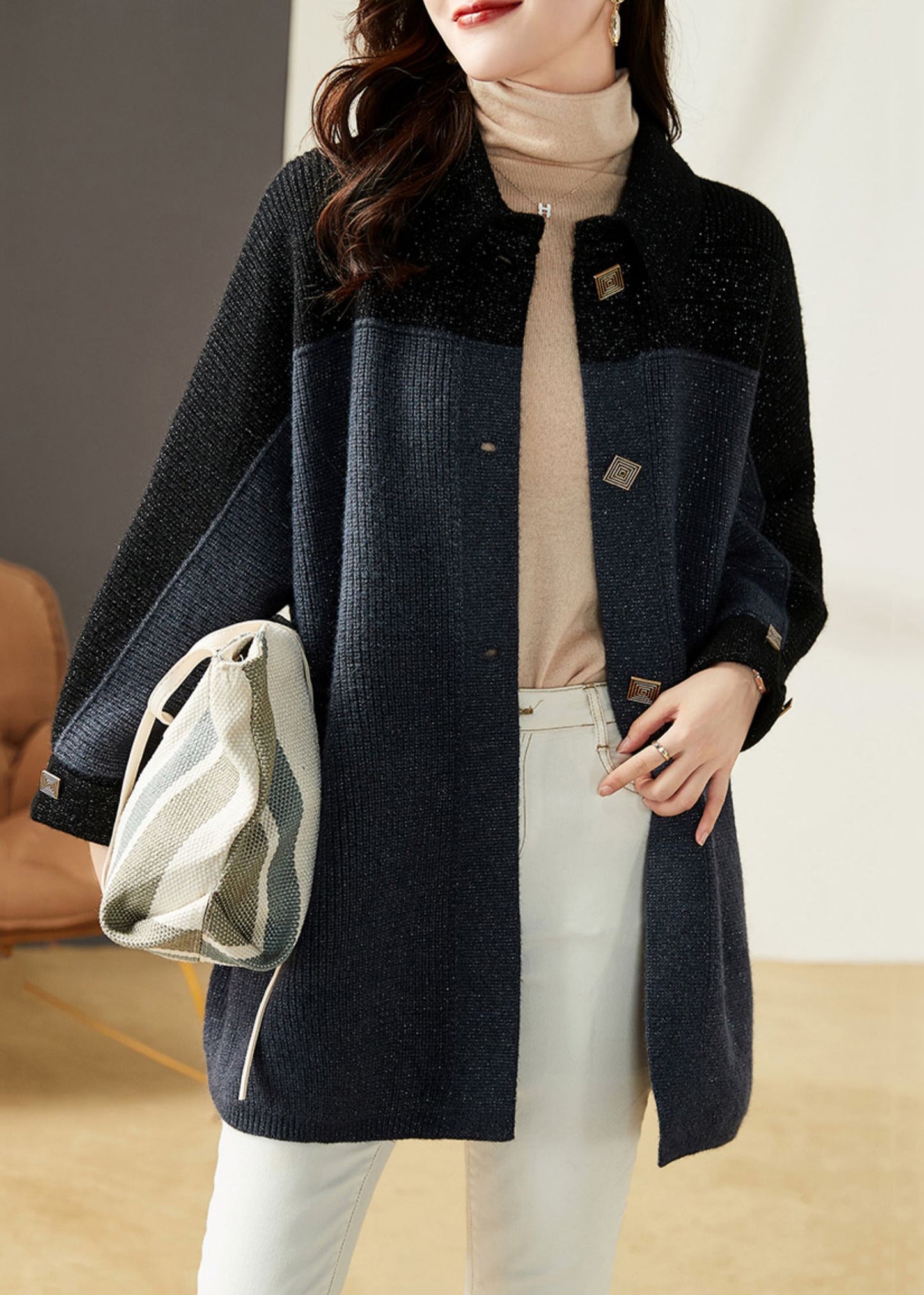 WW | Gray Blue Button Pockets Patchwork Knit Coats Long Sleeves