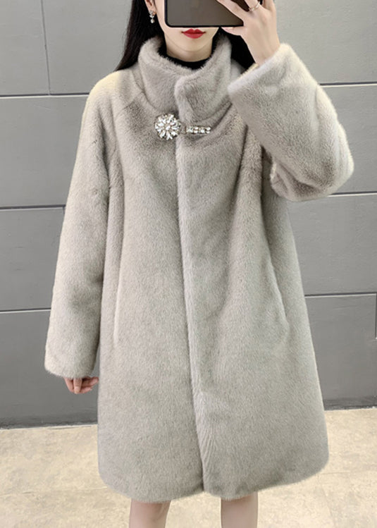 WW | Grey Stand-up Collar Button Patchwork Fuzzy Furry Fluffy Winter Coats