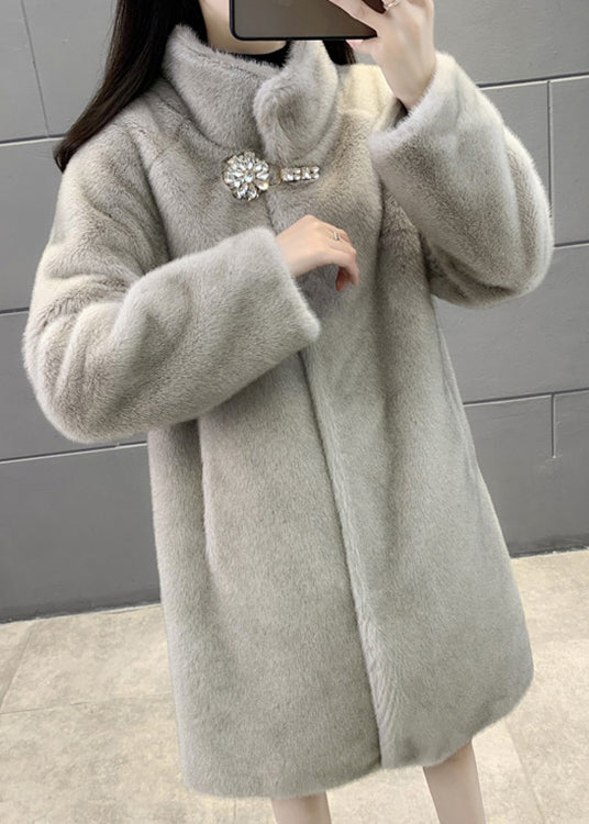 WW | Grey Stand-up Collar Button Patchwork Fuzzy Furry Fluffy Winter Coats