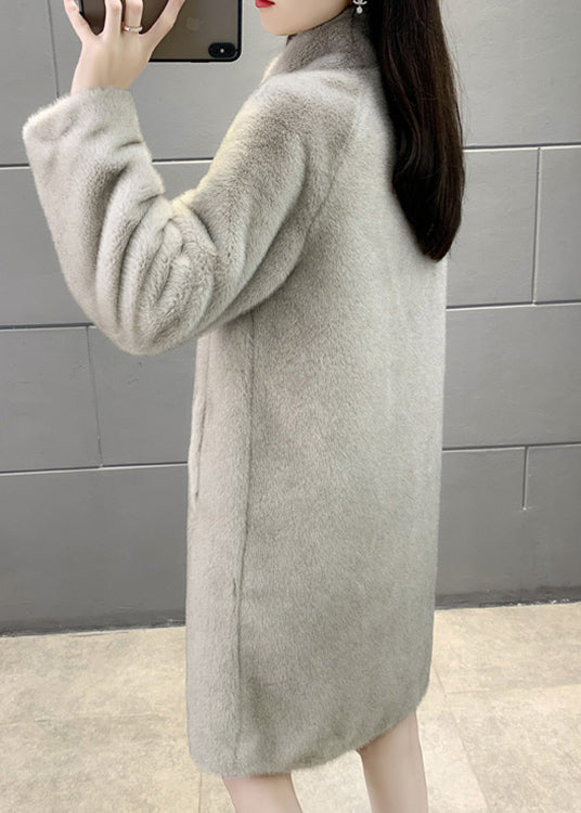 WW | Grey Stand-up Collar Button Patchwork Fuzzy Furry Fluffy Winter Coats