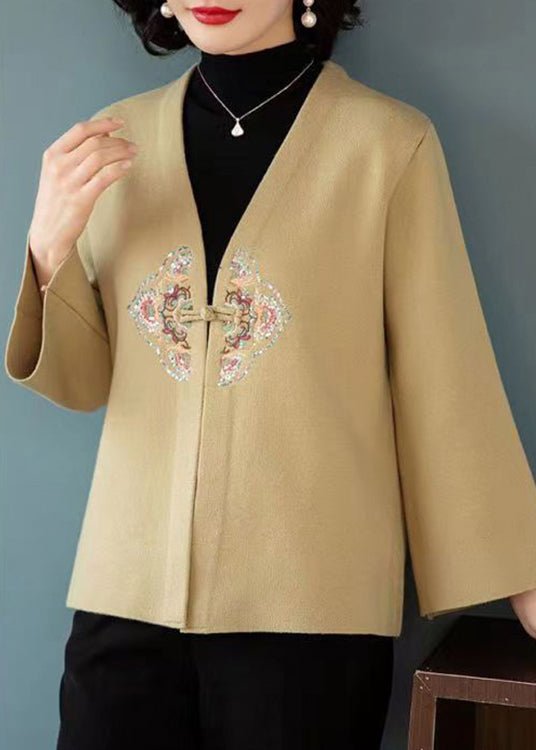 WW | Khaki V-neck Embroidered Patchwork Wool Coats