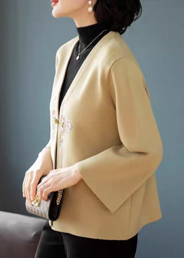 WW | Khaki V-neck Embroidered Patchwork Wool Coats