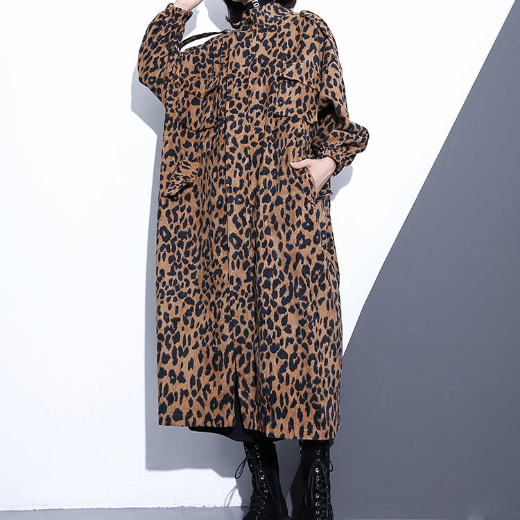 WW | Leopard Coats Plus Size Clothing Stand Collar Zipper Trench Coat Women Long Sleeve Pockets Boxy Cotton Blend Coat