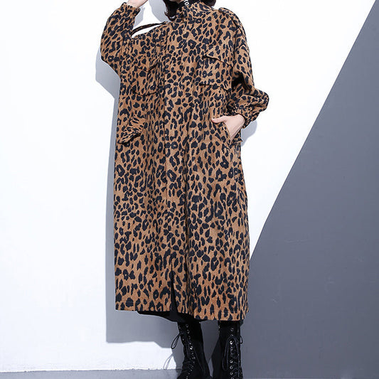 WW | Leopard Coats Plus Size Clothing Stand Collar Zipper Trench Coat Women Long Sleeve Pockets Boxy Cotton Blend Coat