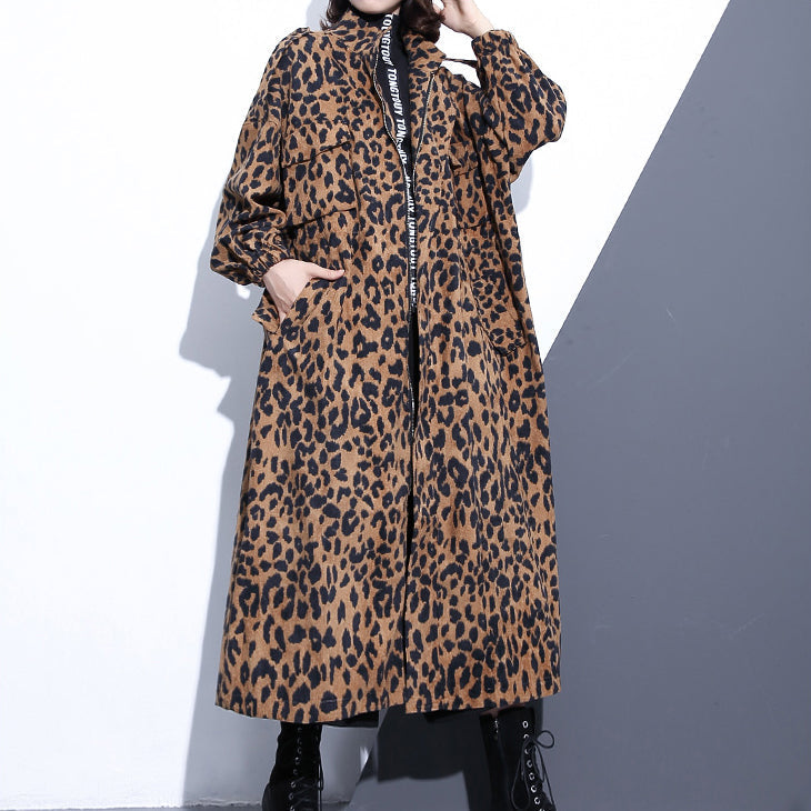 WW | Leopard Coats Plus Size Clothing Stand Collar Zipper Trench Coat Women Long Sleeve Pockets Boxy Cotton Blend Coat