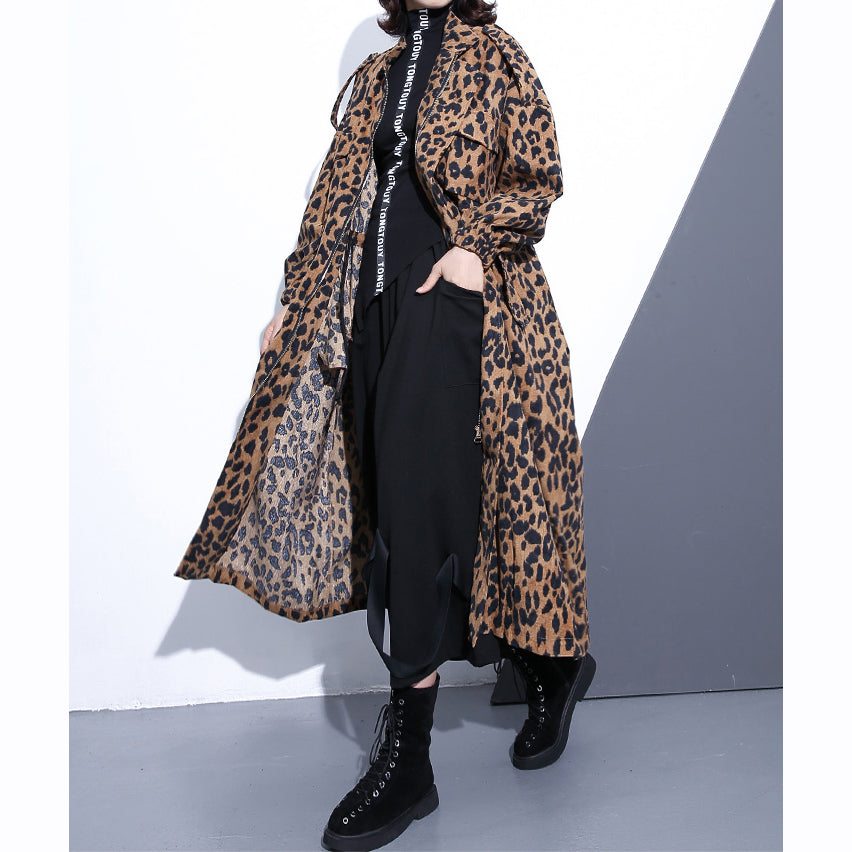 WW | Leopard Coats Plus Size Clothing Stand Collar Zipper Trench Coat Women Long Sleeve Pockets Boxy Cotton Blend Coat