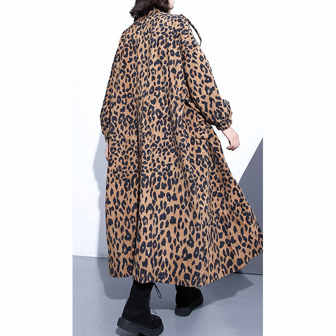 WW | Leopard Coats Plus Size Clothing Stand Collar Zipper Trench Coat Women Long Sleeve Pockets Boxy Cotton Blend Coat