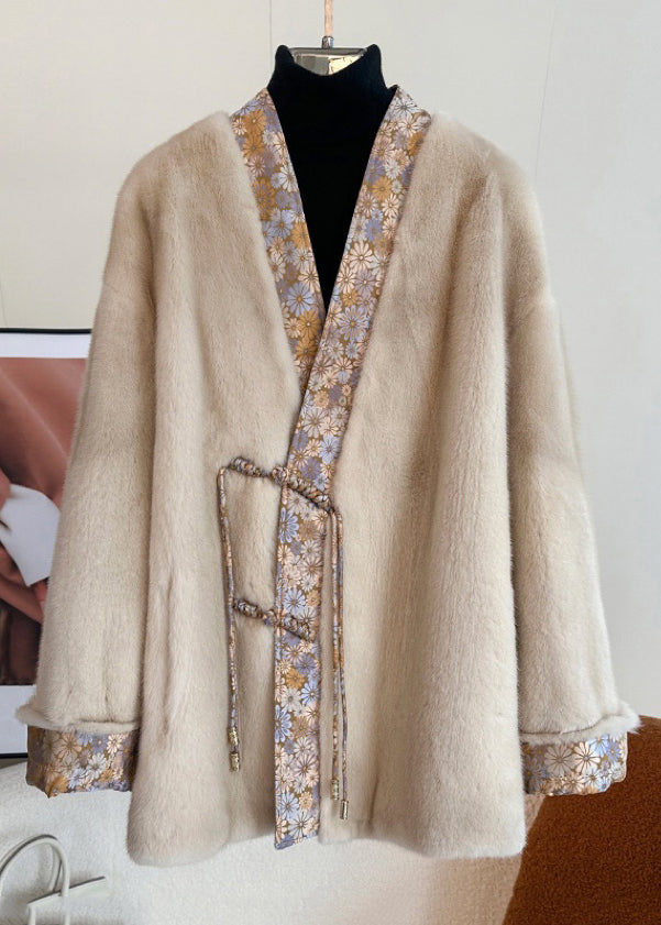 WW | Light Camel V-neck Button Patchwork Mink Fur Coats