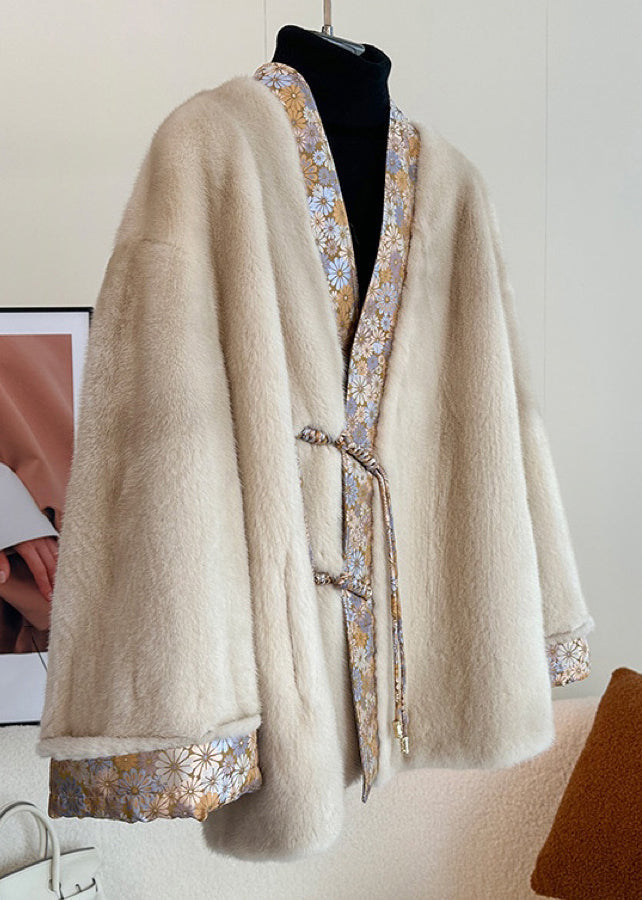 WW | Light Camel V-neck Button Patchwork Mink Fur Coats