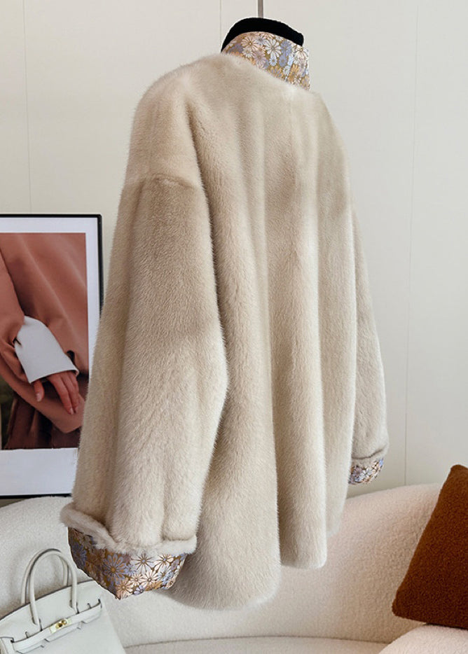 WW | Light Camel V-neck Button Patchwork Mink Fur Coats