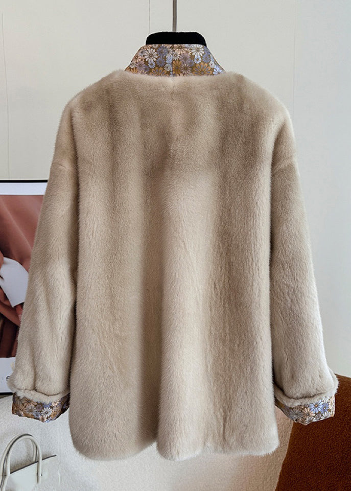 WW | Light Camel V-neck Button Patchwork Mink Fur Coats