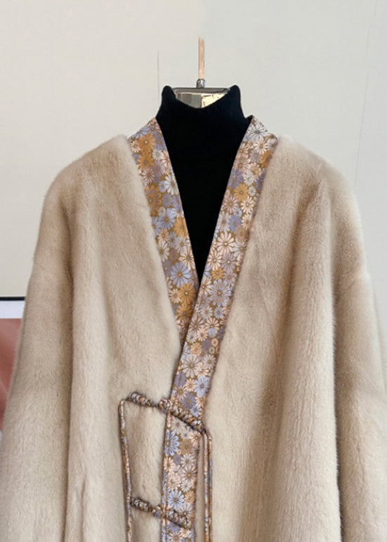 WW | Light Camel V-neck Button Patchwork Mink Fur Coats