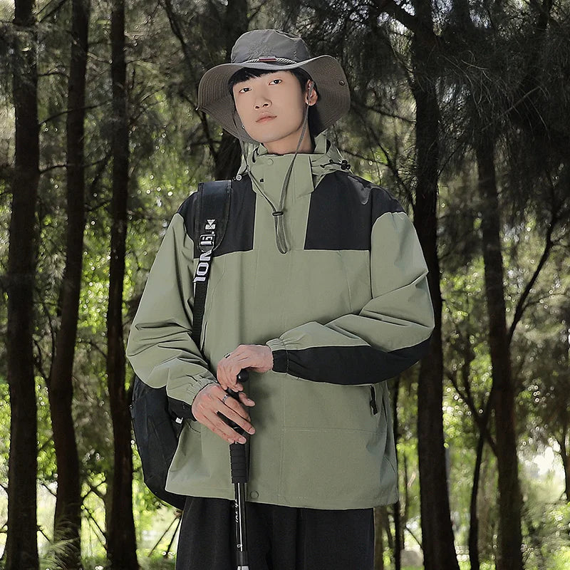 WW - Unisex Outdoor winddichte und wasserdichte Kapuzenjacken mit langen Ärmeln und farblich passendem Reißverschluss