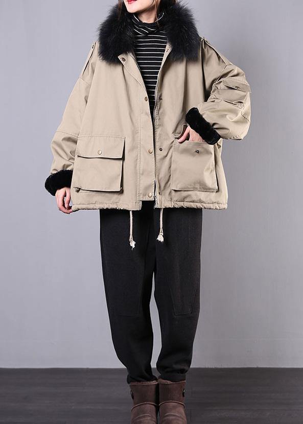 WW | Loose-fitting Snow Jackets Pockets Winter Coats Khaki Faux Fur Collar Casual Outfit