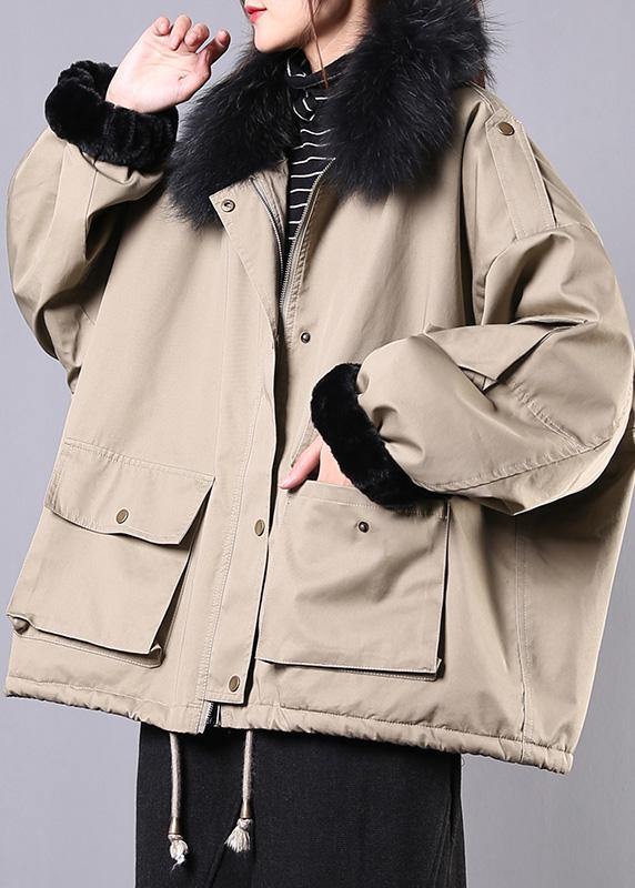 WW | Loose-fitting Snow Jackets Pockets Winter Coats Khaki Faux Fur Collar Casual Outfit