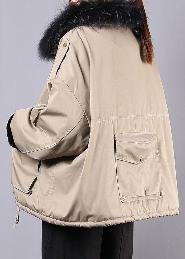 WW | Loose-fitting Snow Jackets Pockets Winter Coats Khaki Faux Fur Collar Casual Outfit