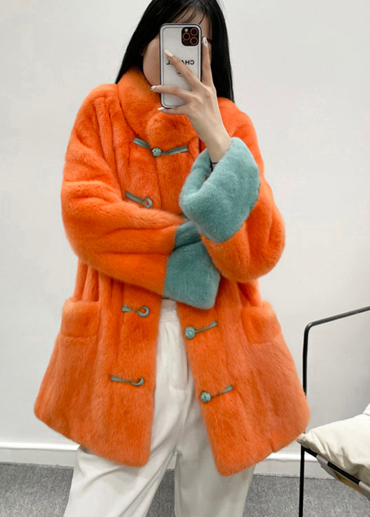 WW | Retro Orange Stand Collar Pockets Chinese Button Faux Fur Jackets Winter
