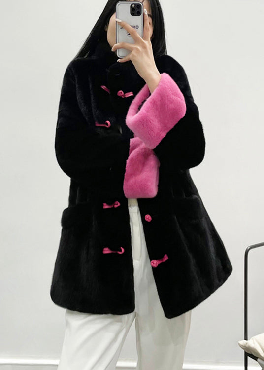 WW | Retro Orange Stand Collar Pockets Chinese Button Faux Fur Jackets Winter