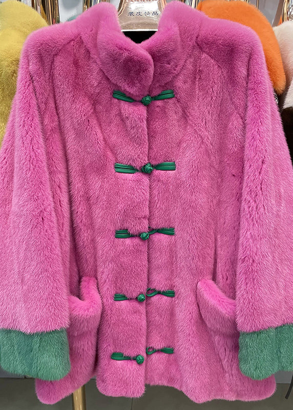 WW | Retro Orange Stand Collar Pockets Chinese Button Faux Fur Jackets Winter