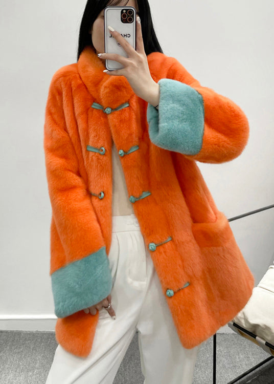 WW | Retro Orange Stand Collar Pockets Chinese Button Faux Fur Jackets Winter