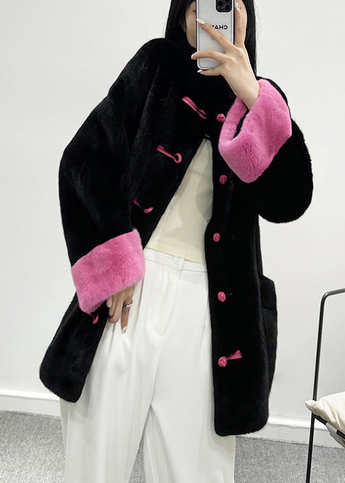 WW | Retro Orange Stand Collar Pockets Chinese Button Faux Fur Jackets Winter