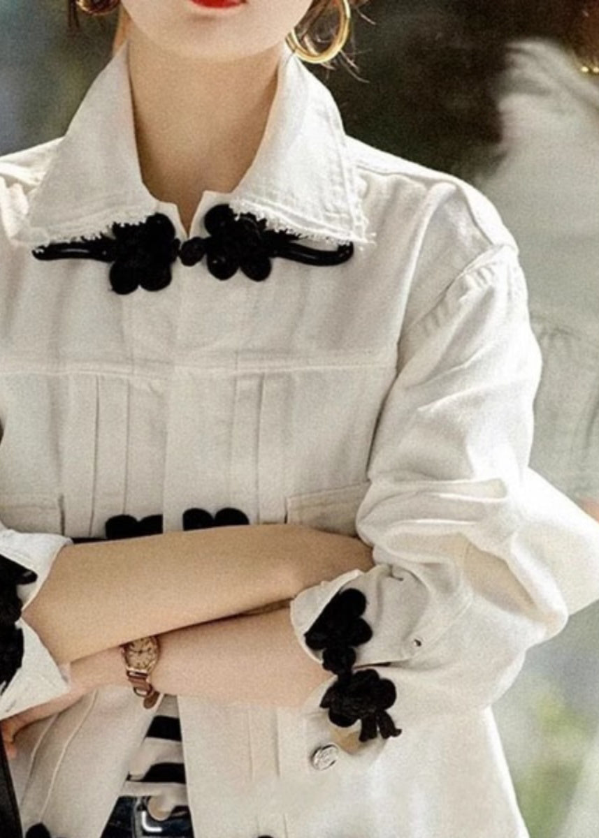 WW | White Peter Pan Collar Pockets Chinese Button Denim Jackets