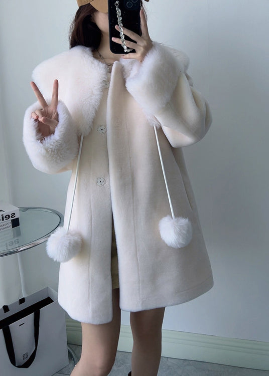 WW | White Square Collar Fuzzy Ball Decorated Wool Coats Winter