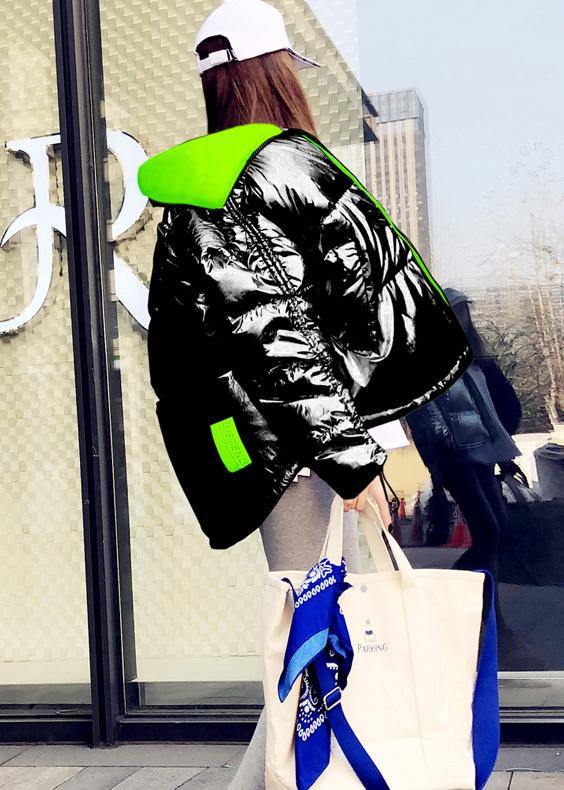 WW | Black Patchwork Down Jacket Winter Loose-fitting Snow Jackets Stand-up Collar with Zipper WW | Overcoat
