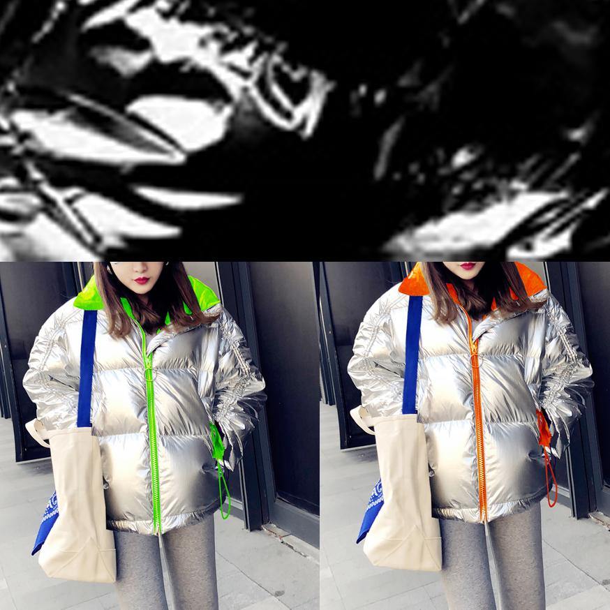 WW | Black Patchwork Down Jacket Winter Loose-fitting Snow Jackets Stand-up Collar with Zipper WW | Overcoat