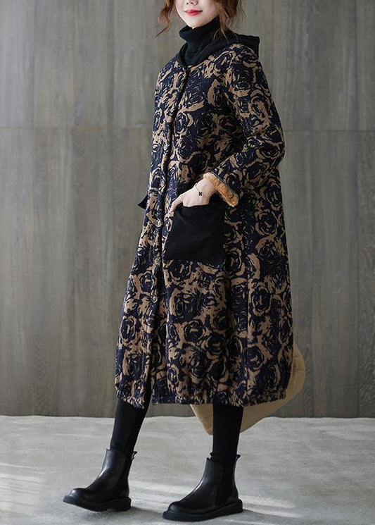WW | Blue Printed Casual Hooded Snow Jackets with Pockets Overcoat