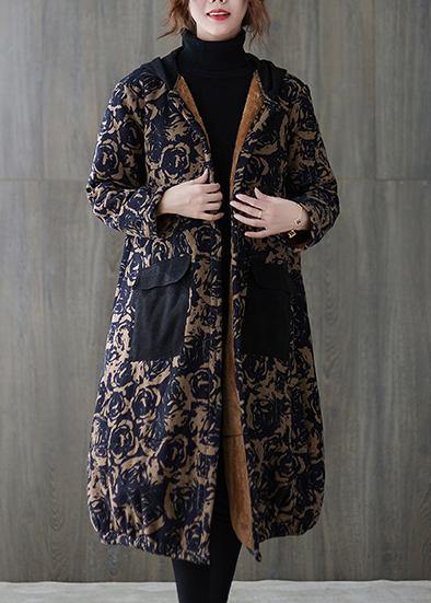 WW | Blue Printed Casual Hooded Snow Jackets with Pockets Overcoat