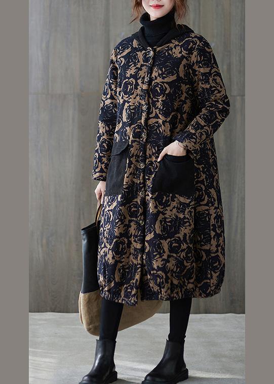 WW | Blue Printed Casual Hooded Snow Jackets with Pockets Overcoat