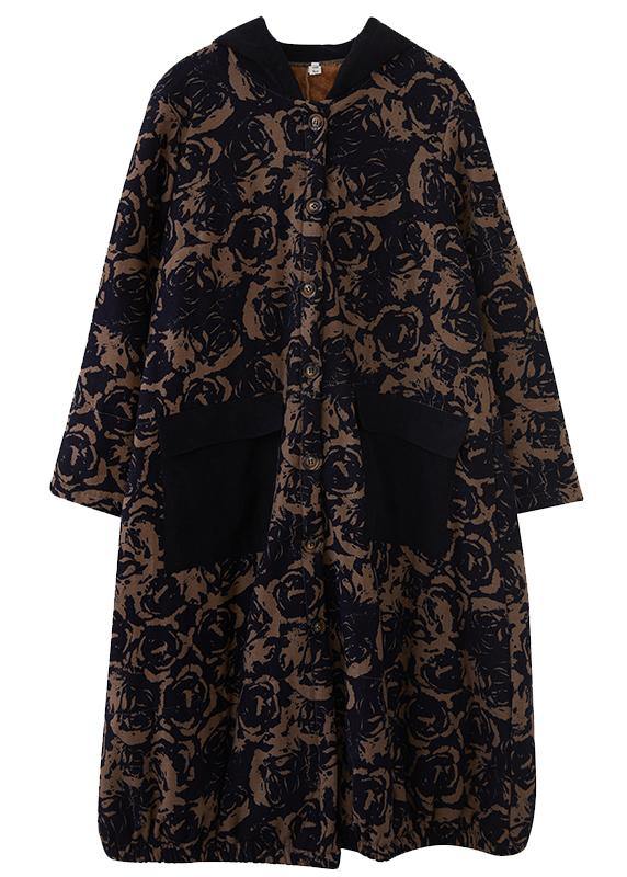 WW | Blue Printed Casual Hooded Snow Jackets with Pockets Overcoat