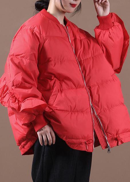 WW | Casual Women's Parka Jackets Red Stand-Up Collar Ruffles Warm Winter Coat