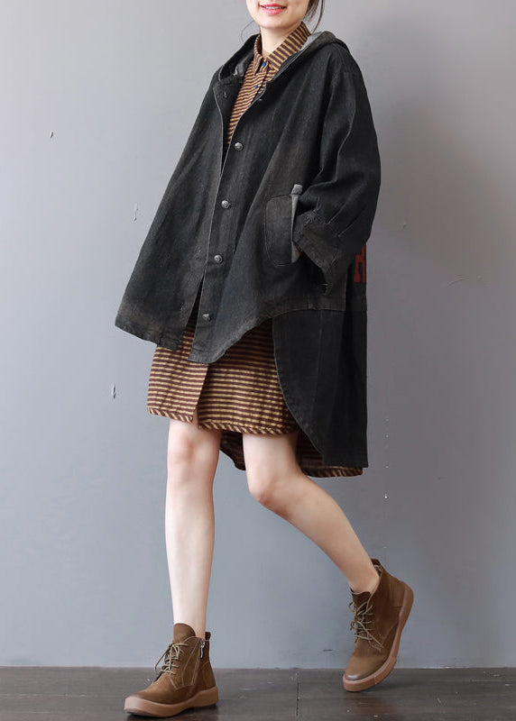 WW | Dark Gray Denim Coats Trendy Plus Size Hooded Trench Coat Fine Low High Design Coat