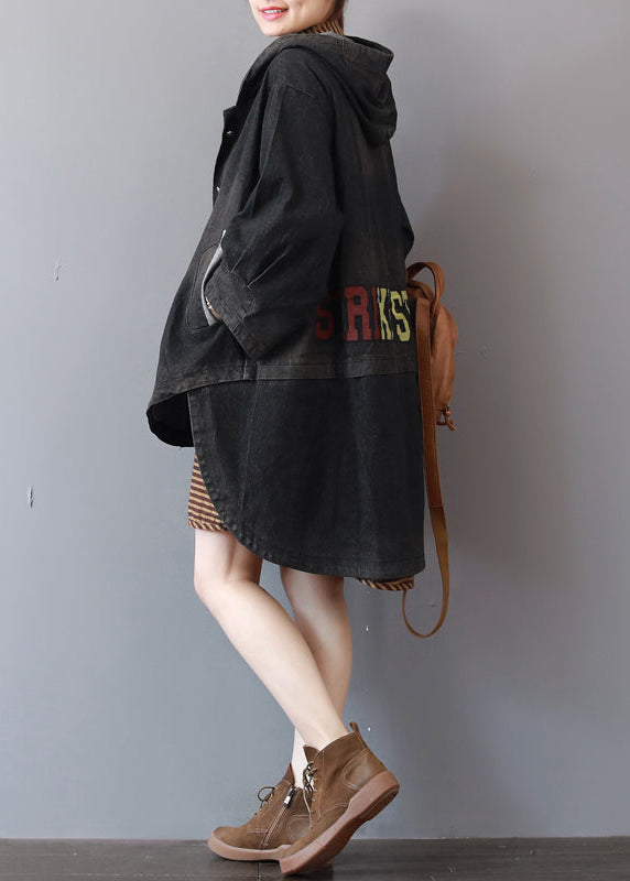 WW | Dark Gray Denim Coats Trendy Plus Size Hooded Trench Coat Fine Low High Design Coat