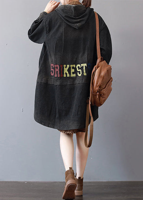 WW | Dark Gray Denim Coats Trendy Plus Size Hooded Trench Coat Fine Low High Design Coat