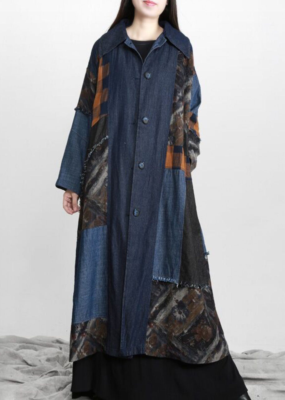 WW | Denim Blue Patchwork Buttoned Waist Trench Coats