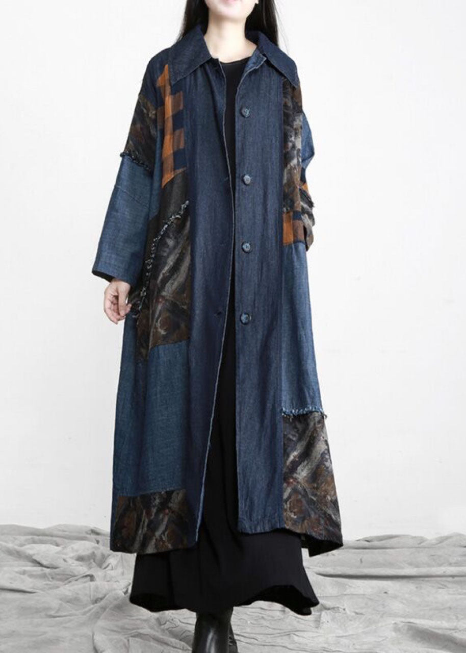 WW | Denim Blue Patchwork Buttoned Waist Trench Coats