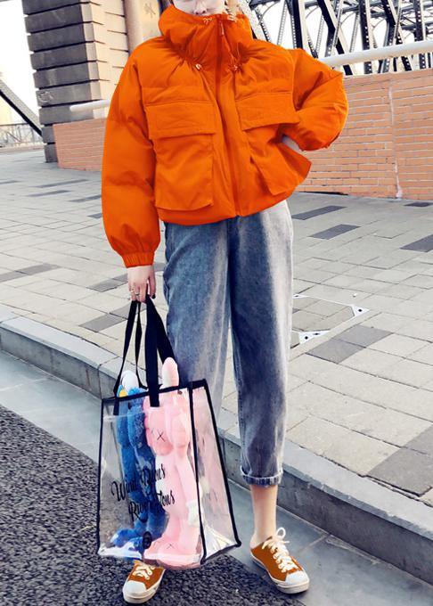 WW | Orange Duck Down Coat Plus Size Women's Parka Stand-Up Collar Large Pockets Fine Coats