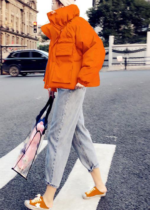 WW | Orange Duck Down Coat Plus Size Women's Parka Stand-Up Collar Large Pockets Fine Coats