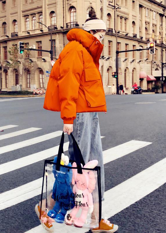 WW | Orange Duck Down Coat Plus Size Women's Parka Stand-Up Collar Large Pockets Fine Coats