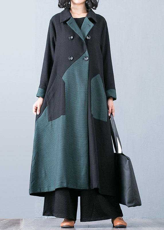 WW | Plus-Size Long Coat Jacket Green Patchwork Double-Breasted Coats for Women