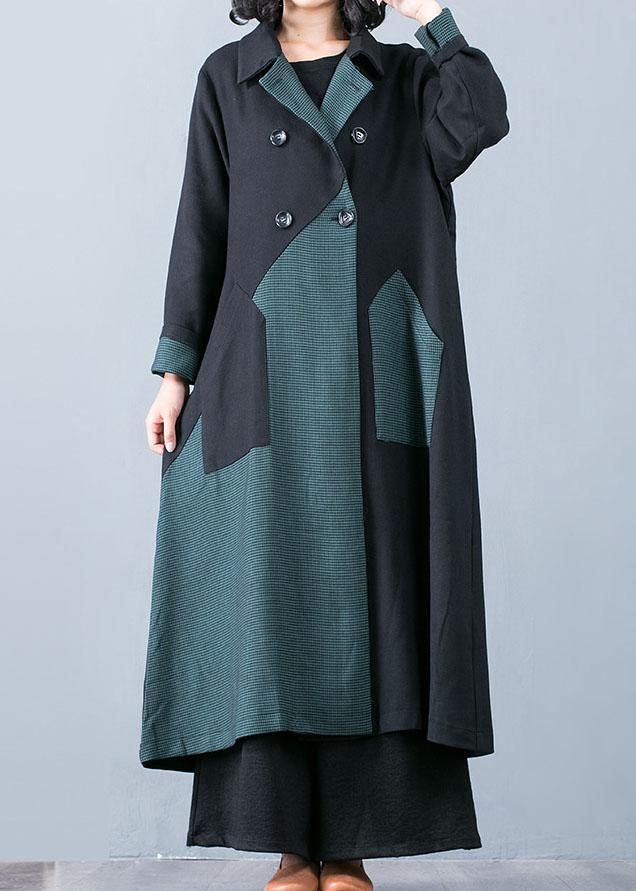WW | Plus-Size Long Coat Jacket Green Patchwork Double-Breasted Coats for Women