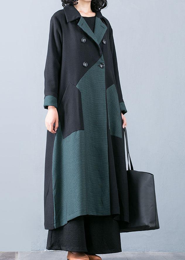 WW | Plus-Size Long Coat Jacket Green Patchwork Double-Breasted Coats for Women