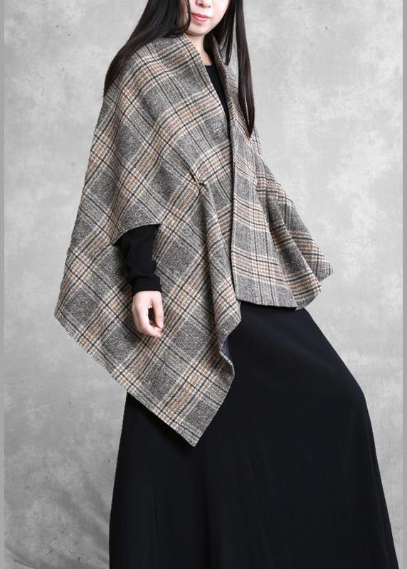 WW | Plus-Size-Mittel-lang Mantel Oberbekleidung khaki kariert asymmetrisch Batwing Ärmel Wollmäntel