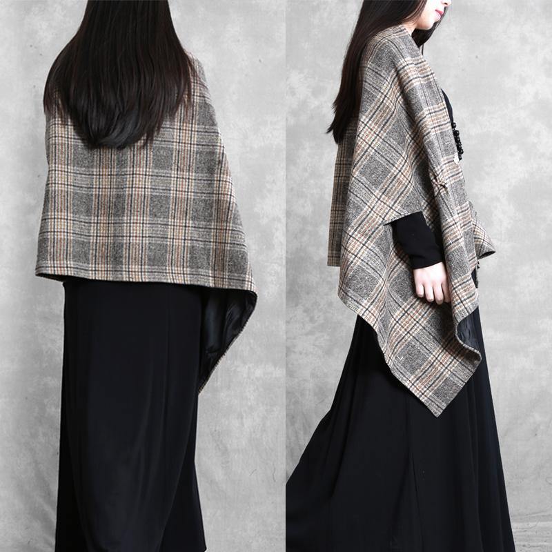 WW | Plus-Size Mid-Length Coat Outerwear Khaki Plaid Asymmetric Batwing Sleeve Wool Coats