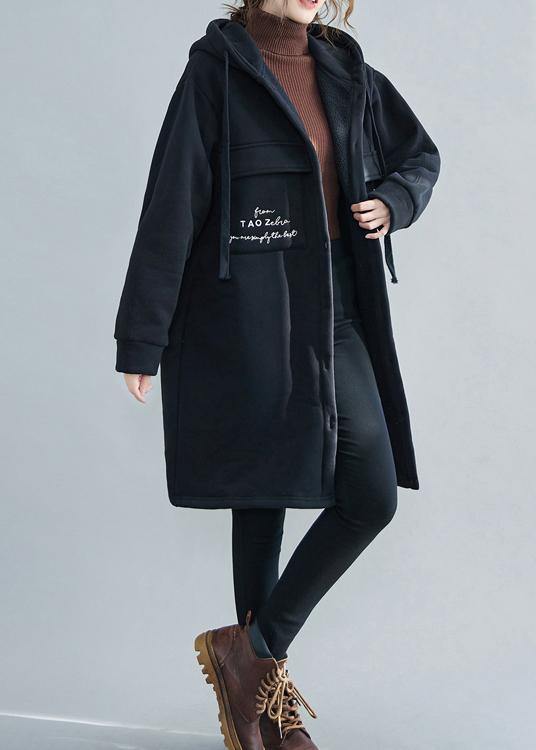 WW | Plus Size Schneejacken schwarze Stickerei Kapuze Taschen lässiges Outfit