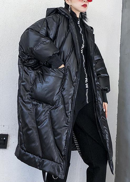 WW | trendy plus-size winter jacket loose hooded winter coats black thick pocket coat